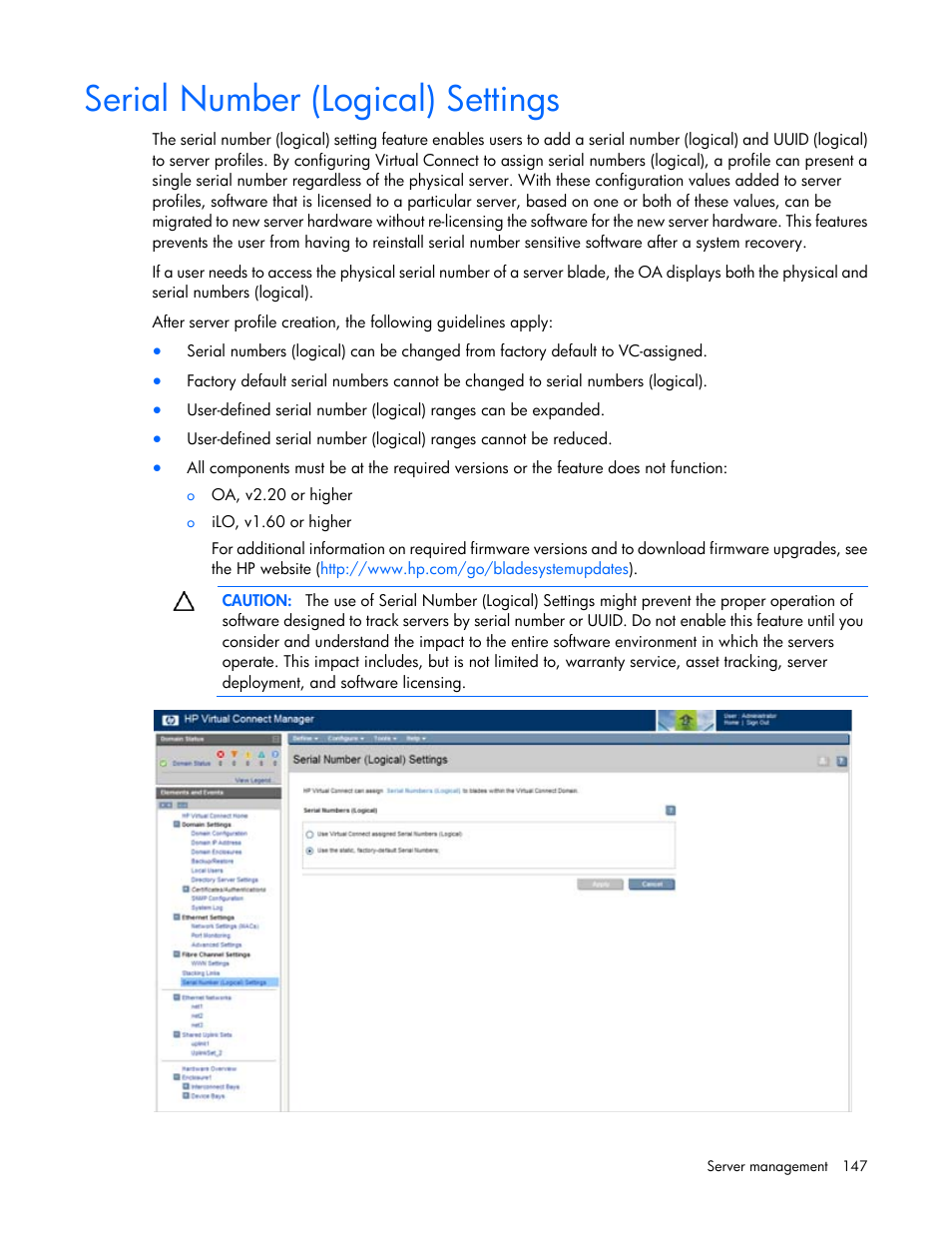 Serial number (logical) settings | HP 1.10GB Virtual Connect Ethernet Module for c-Class BladeSystem User Manual | Page 147 / 195