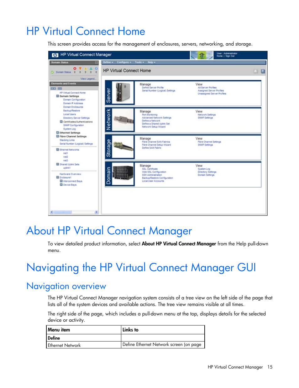 Hp virtual connect home, About hp virtual connect manager, Navigating the hp virtual connect manager gui | Navigation overview | HP 1.10GB Virtual Connect Ethernet Module for c-Class BladeSystem User Manual | Page 15 / 195