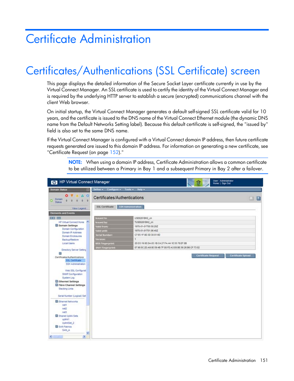 Certificate administration | HP 1.10GB Virtual Connect Ethernet Module for c-Class BladeSystem User Manual | Page 151 / 195