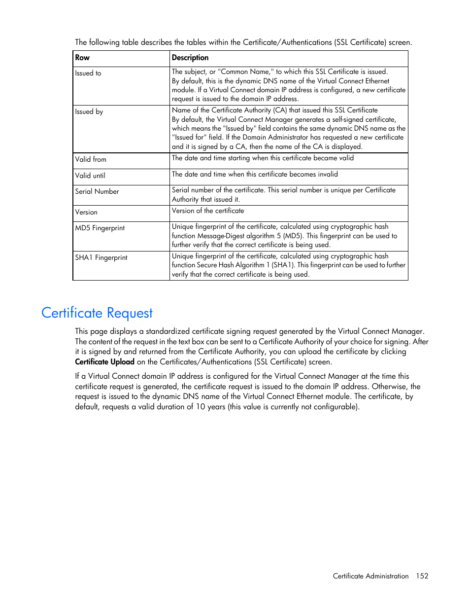 Certificate request | HP 1.10GB Virtual Connect Ethernet Module for c-Class BladeSystem User Manual | Page 152 / 195