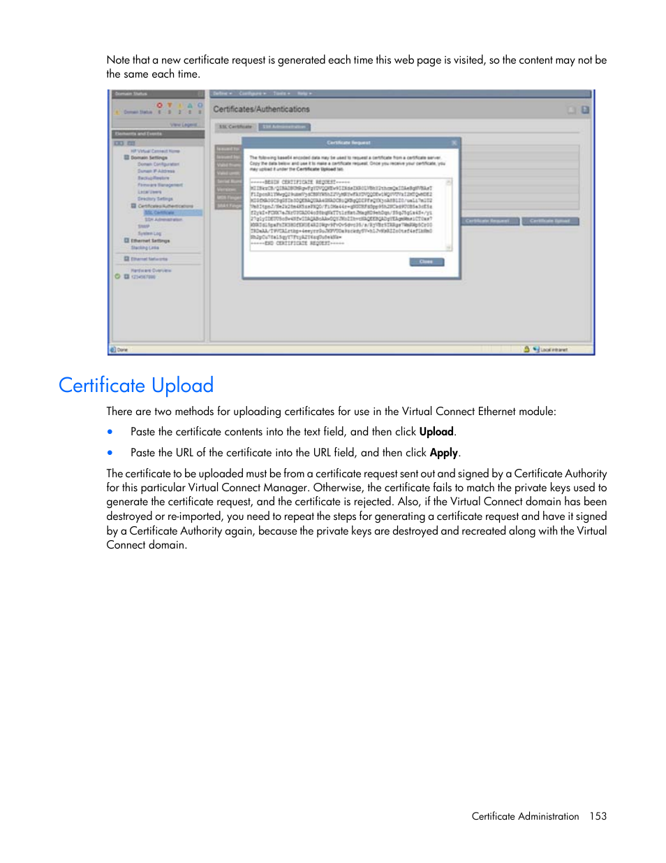 Certificate upload | HP 1.10GB Virtual Connect Ethernet Module for c-Class BladeSystem User Manual | Page 153 / 195