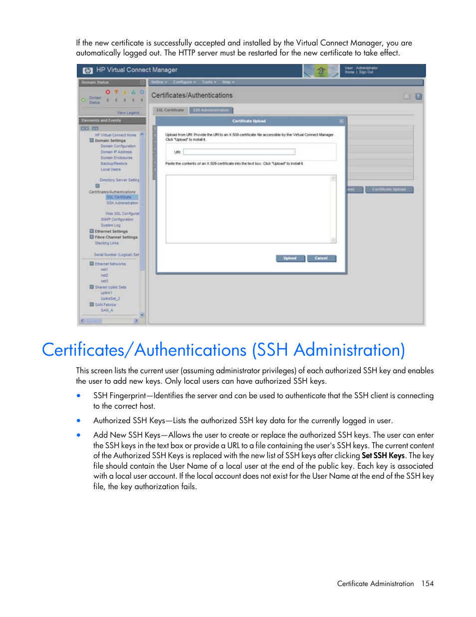 Certificates/authentications (ssh administration) | HP 1.10GB Virtual Connect Ethernet Module for c-Class BladeSystem User Manual | Page 154 / 195