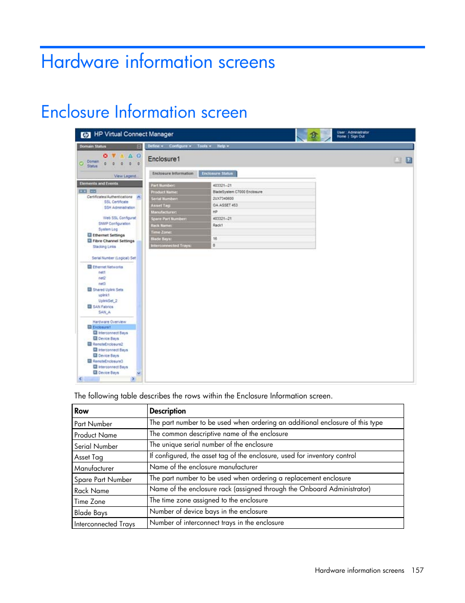 Hardware information screens, Enclosure information screen | HP 1.10GB Virtual Connect Ethernet Module for c-Class BladeSystem User Manual | Page 157 / 195