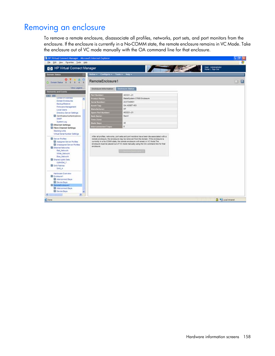 Removing an enclosure | HP 1.10GB Virtual Connect Ethernet Module for c-Class BladeSystem User Manual | Page 158 / 195