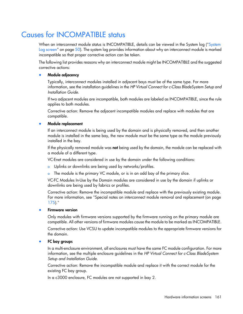 Causes for incompatible status | HP 1.10GB Virtual Connect Ethernet Module for c-Class BladeSystem User Manual | Page 161 / 195