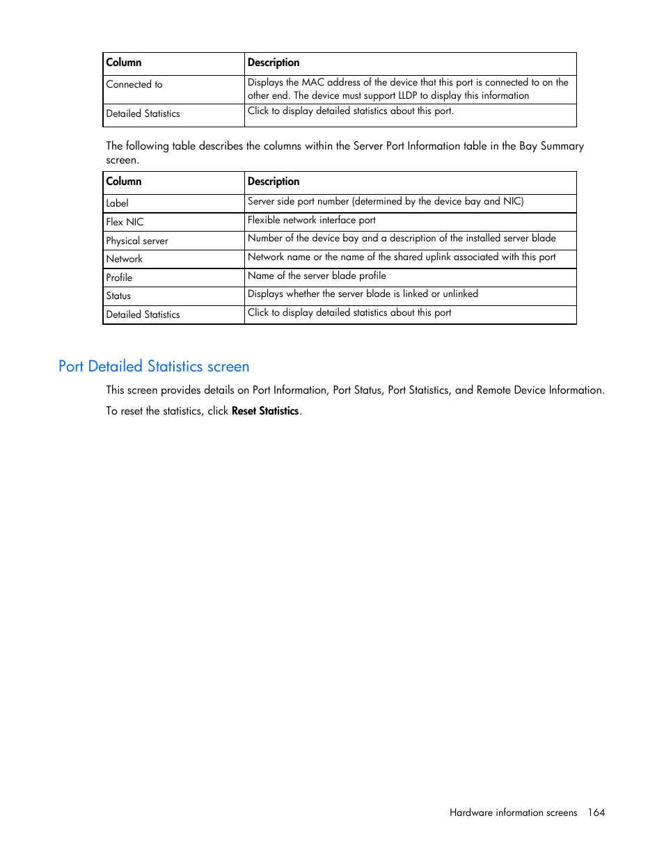 Port detailed statistics screen | HP 1.10GB Virtual Connect Ethernet Module for c-Class BladeSystem User Manual | Page 164 / 195