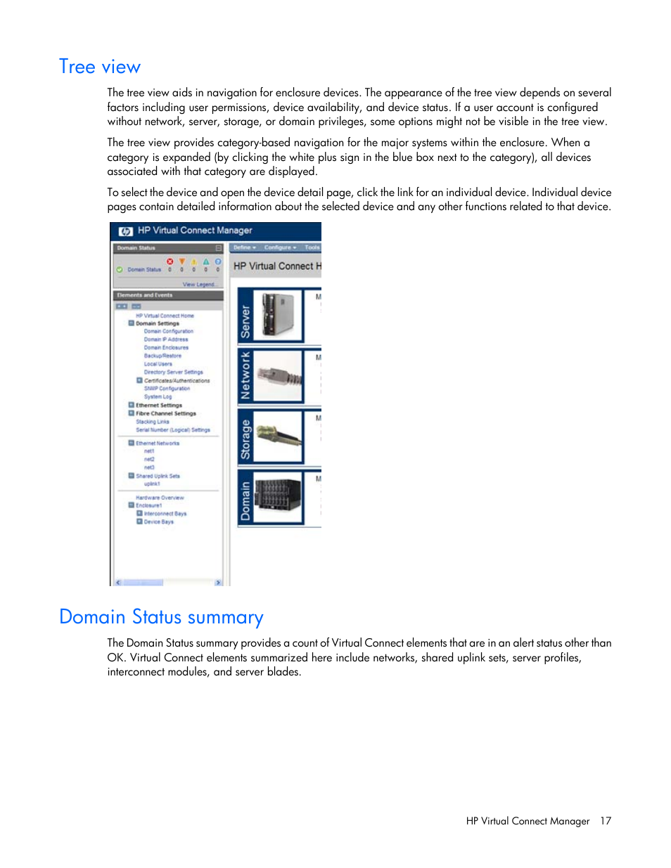 Tree view, Domain status summary | HP 1.10GB Virtual Connect Ethernet Module for c-Class BladeSystem User Manual | Page 17 / 195