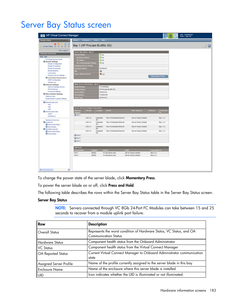 Server bay status screen | HP 1.10GB Virtual Connect Ethernet Module for c-Class BladeSystem User Manual | Page 183 / 195