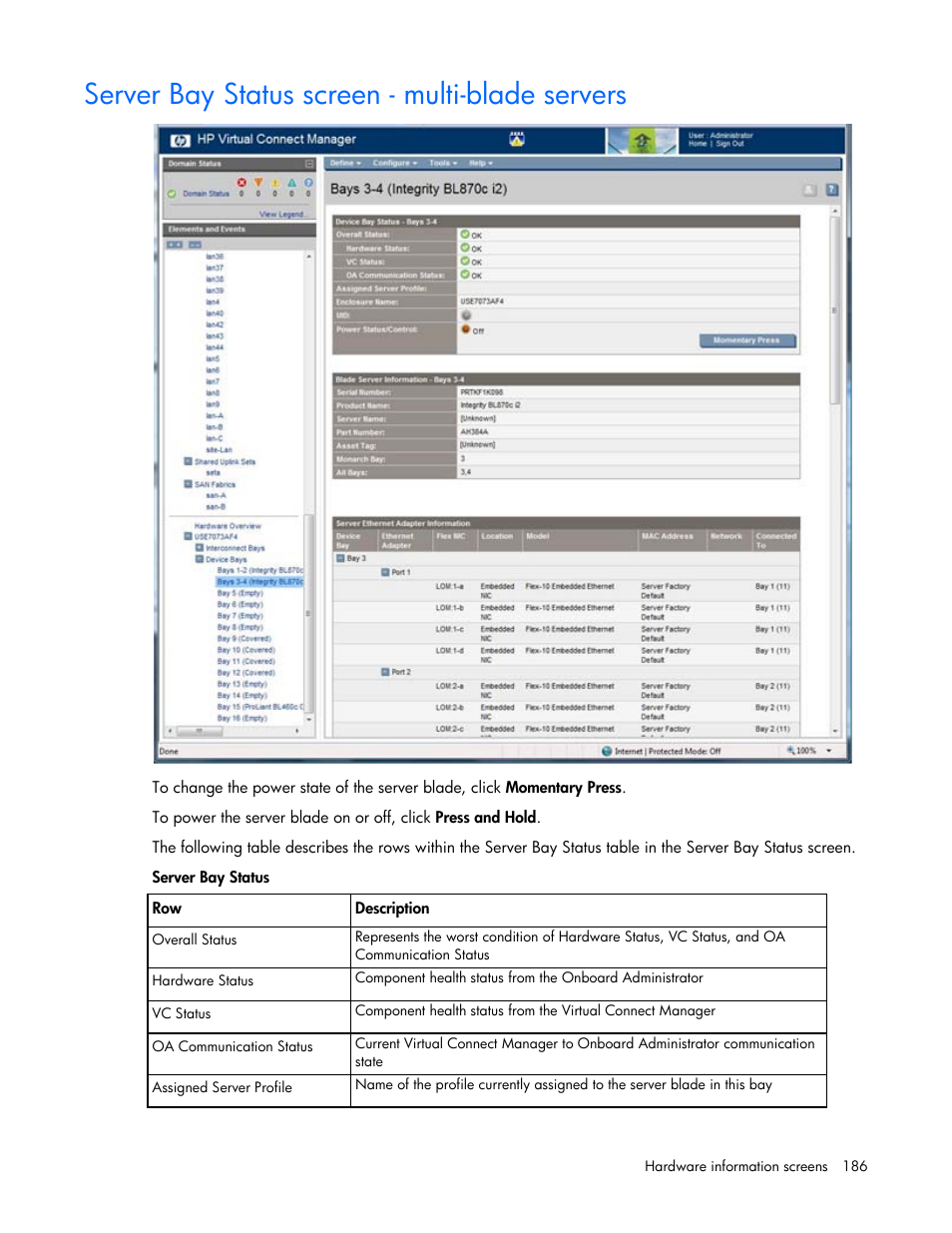 Server bay status screen - multi-blade servers | HP 1.10GB Virtual Connect Ethernet Module for c-Class BladeSystem User Manual | Page 186 / 195