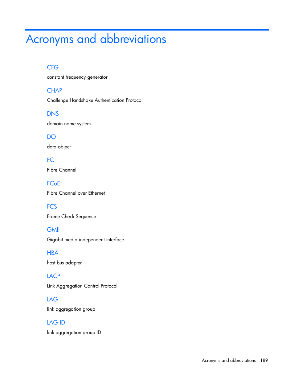 Acronyms and abbreviations | HP 1.10GB Virtual Connect Ethernet Module for c-Class BladeSystem User Manual | Page 189 / 195