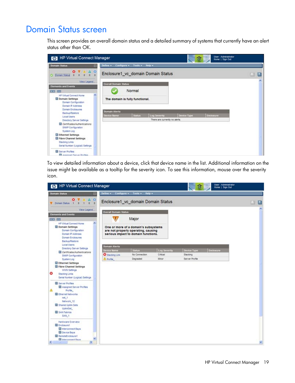 Domain status screen | HP 1.10GB Virtual Connect Ethernet Module for c-Class BladeSystem User Manual | Page 19 / 195