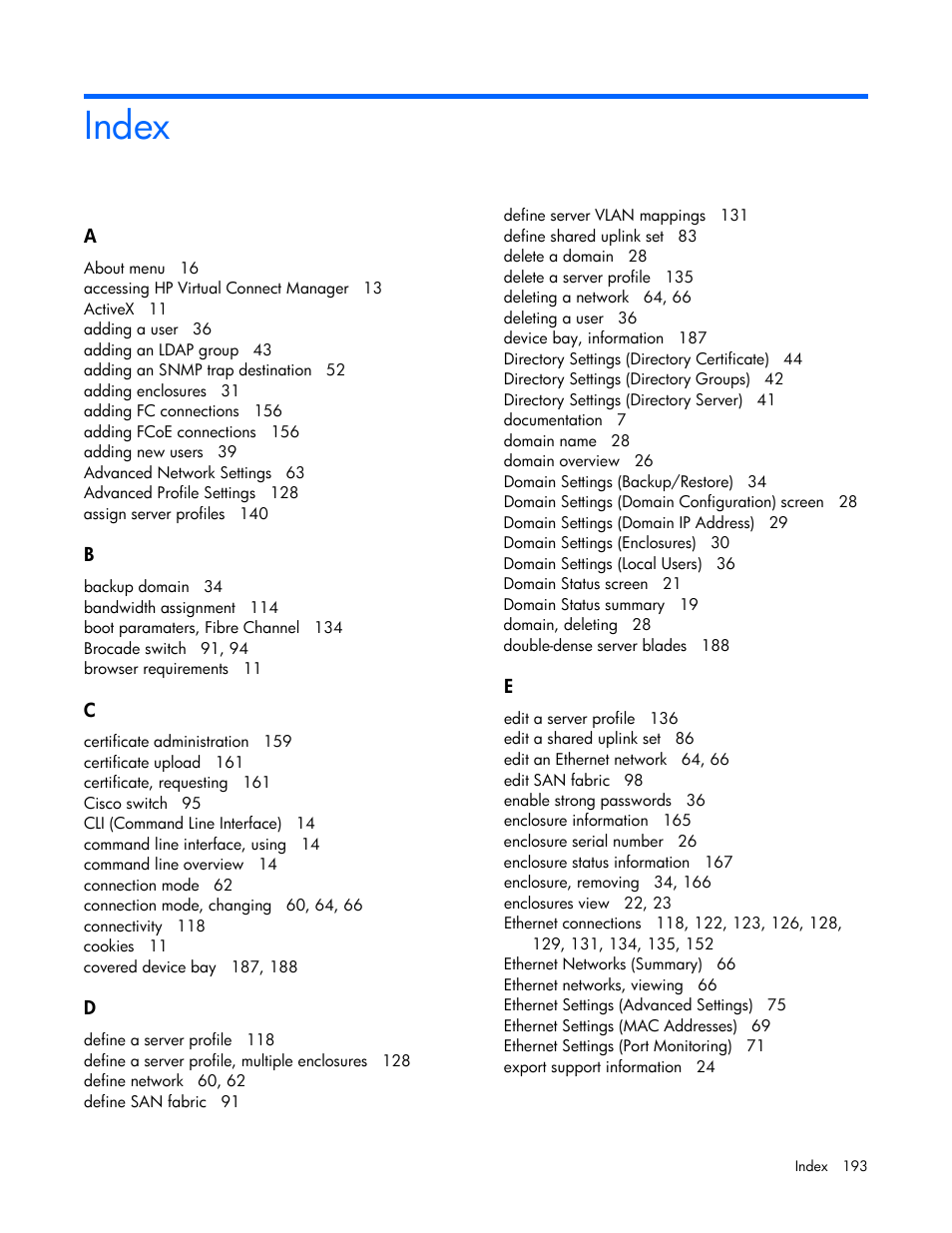 Index | HP 1.10GB Virtual Connect Ethernet Module for c-Class BladeSystem User Manual | Page 193 / 195