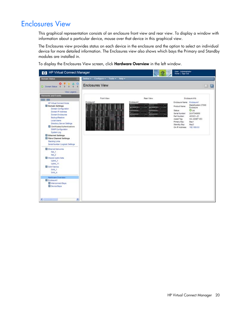 Enclosures view | HP 1.10GB Virtual Connect Ethernet Module for c-Class BladeSystem User Manual | Page 20 / 195