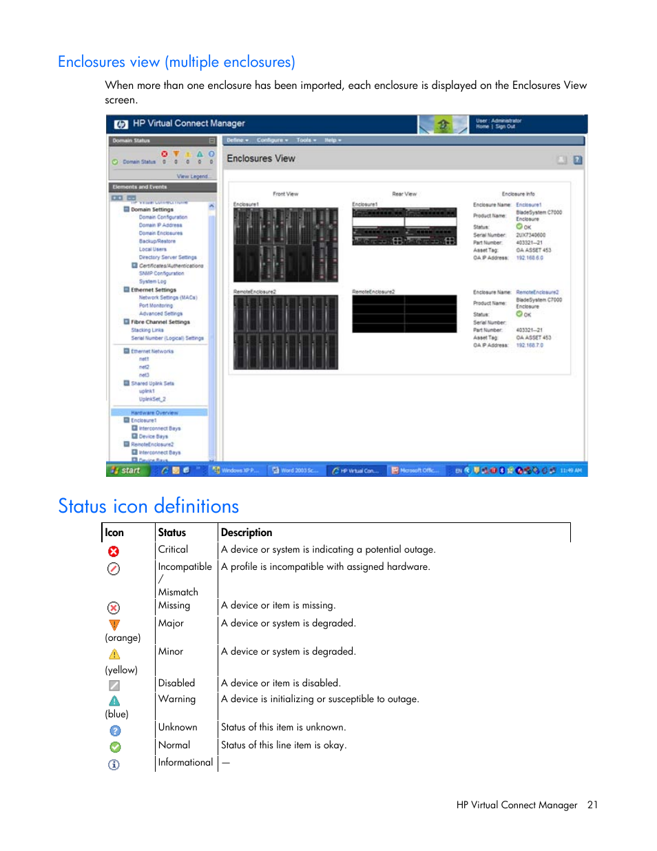 Enclosures view (multiple enclosures), Status icon definitions | HP 1.10GB Virtual Connect Ethernet Module for c-Class BladeSystem User Manual | Page 21 / 195