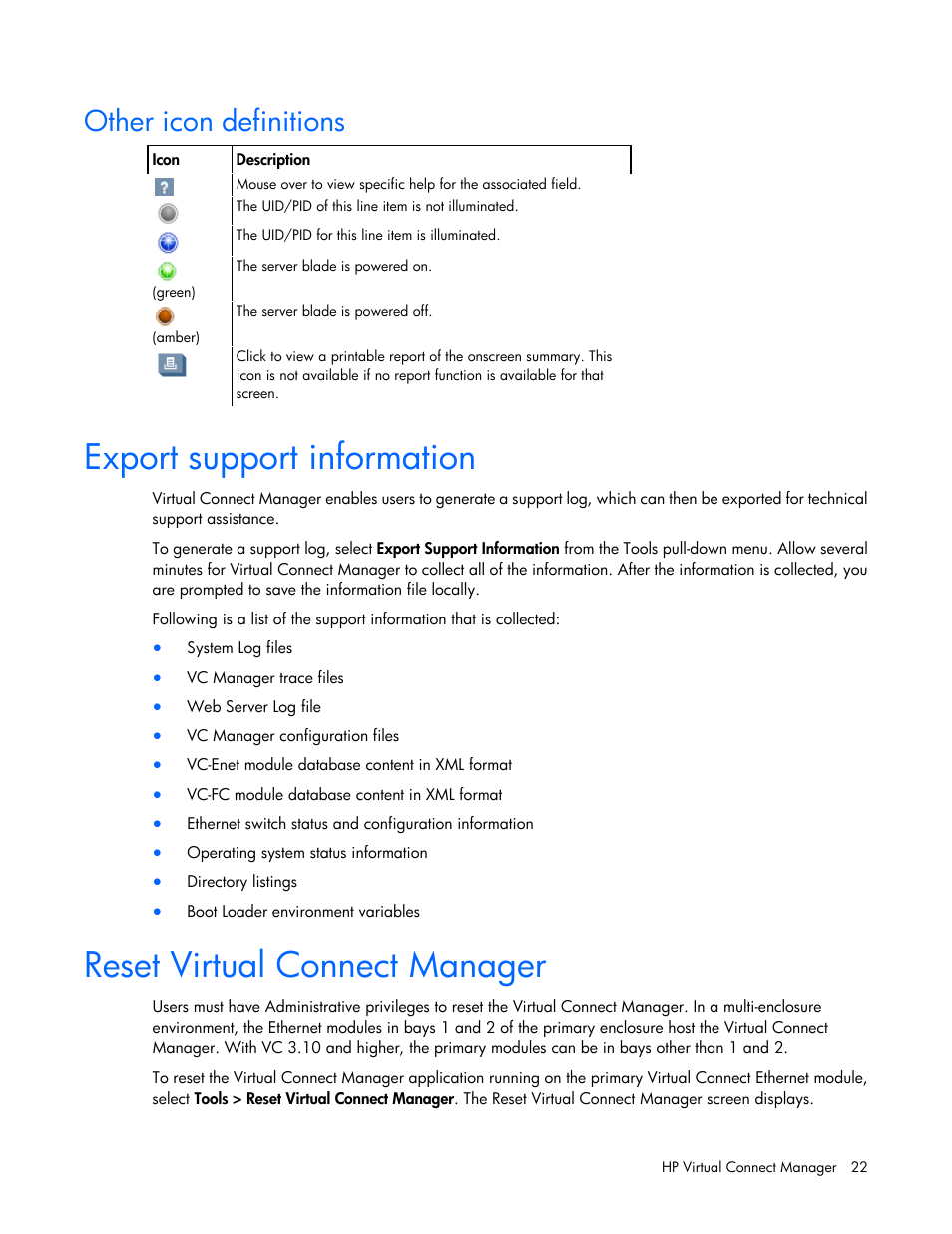 Other icon definitions, Export support information, Reset virtual connect manager | HP 1.10GB Virtual Connect Ethernet Module for c-Class BladeSystem User Manual | Page 22 / 195