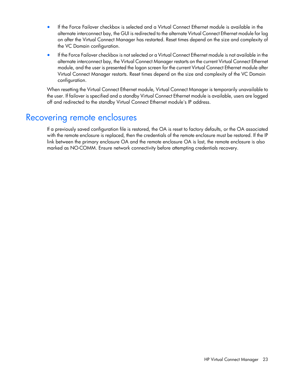 Recovering remote enclosures | HP 1.10GB Virtual Connect Ethernet Module for c-Class BladeSystem User Manual | Page 23 / 195