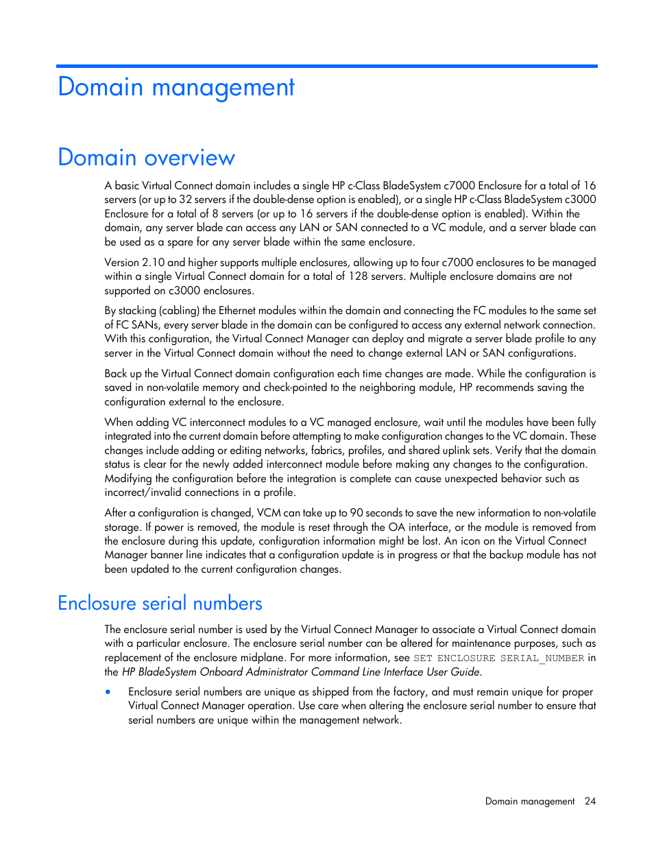 Domain management, Domain overview, Enclosure serial numbers | HP 1.10GB Virtual Connect Ethernet Module for c-Class BladeSystem User Manual | Page 24 / 195