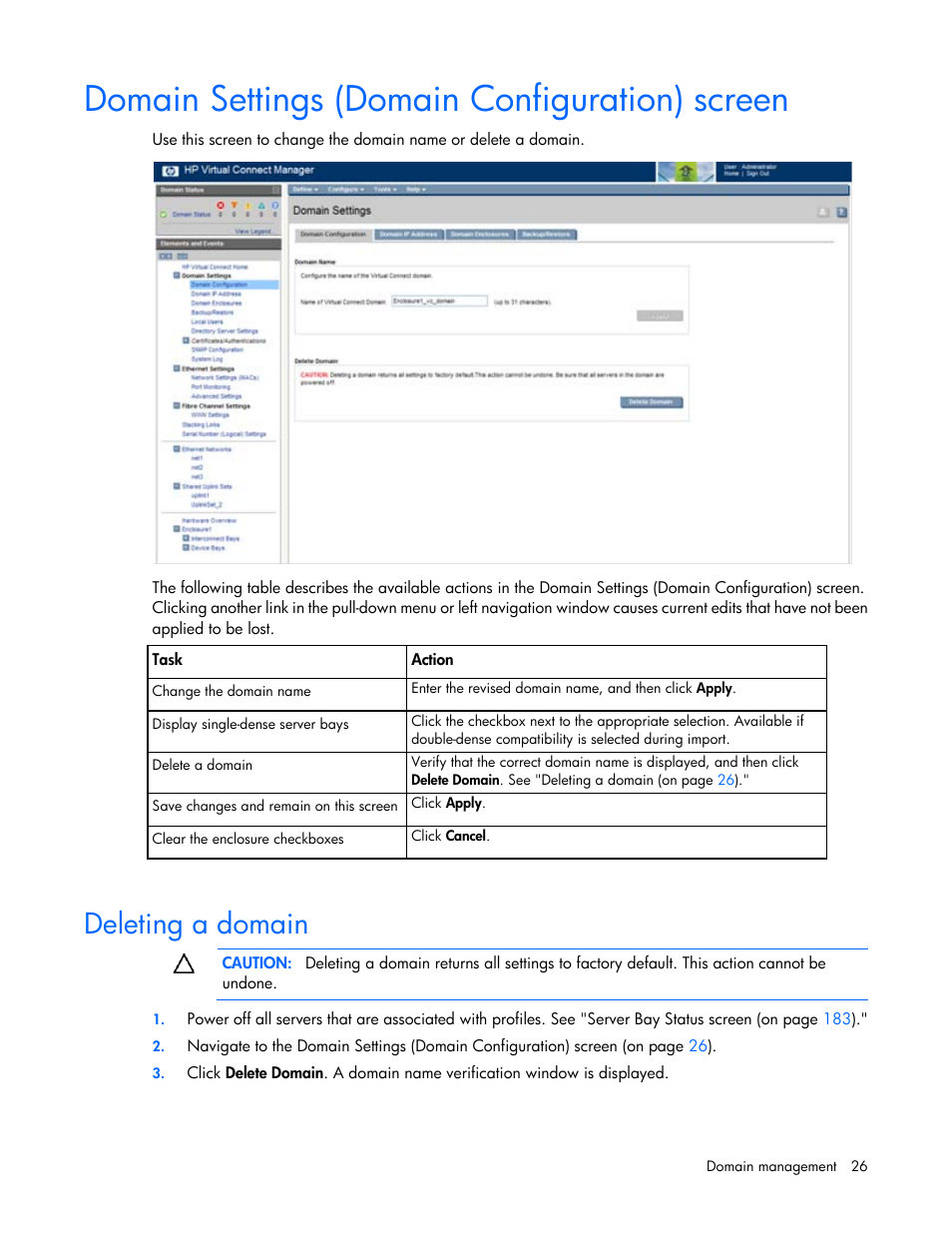 Domain settings (domain configuration) screen, Deleting a domain | HP 1.10GB Virtual Connect Ethernet Module for c-Class BladeSystem User Manual | Page 26 / 195