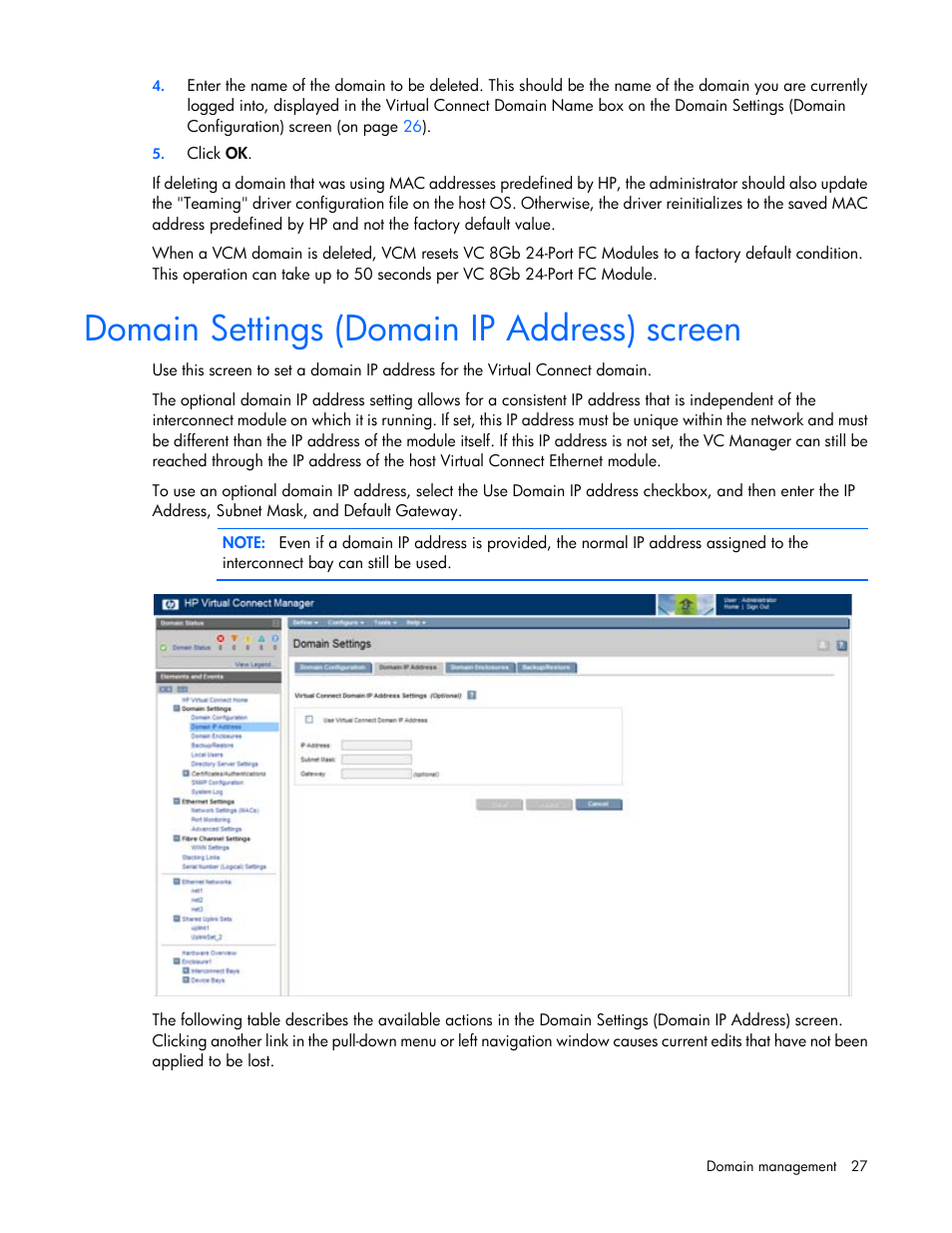 Domain settings (domain ip address) screen | HP 1.10GB Virtual Connect Ethernet Module for c-Class BladeSystem User Manual | Page 27 / 195