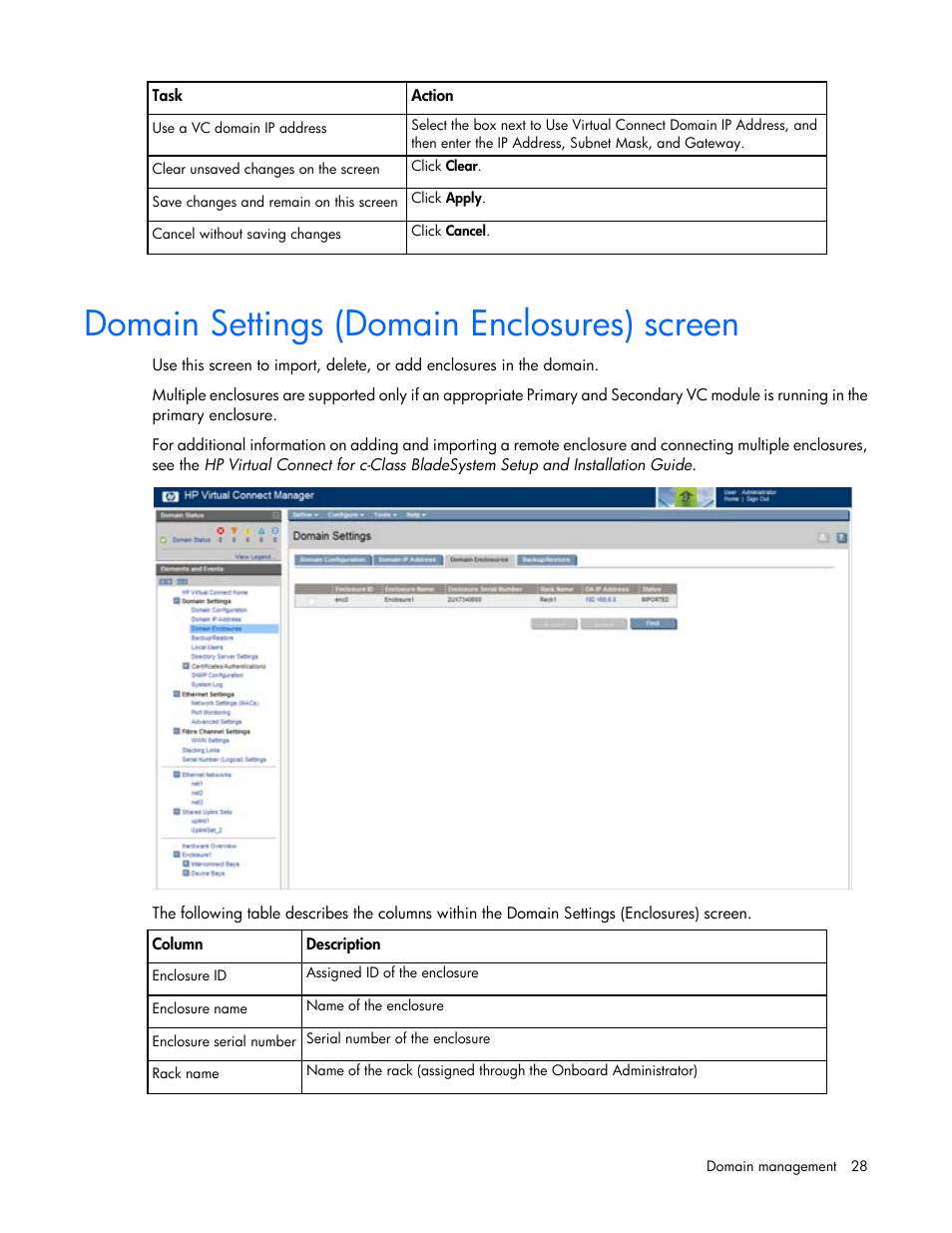 Domain settings (domain enclosures) screen | HP 1.10GB Virtual Connect Ethernet Module for c-Class BladeSystem User Manual | Page 28 / 195