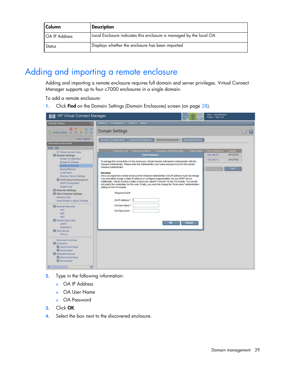 Adding and importing a remote enclosure | HP 1.10GB Virtual Connect Ethernet Module for c-Class BladeSystem User Manual | Page 29 / 195