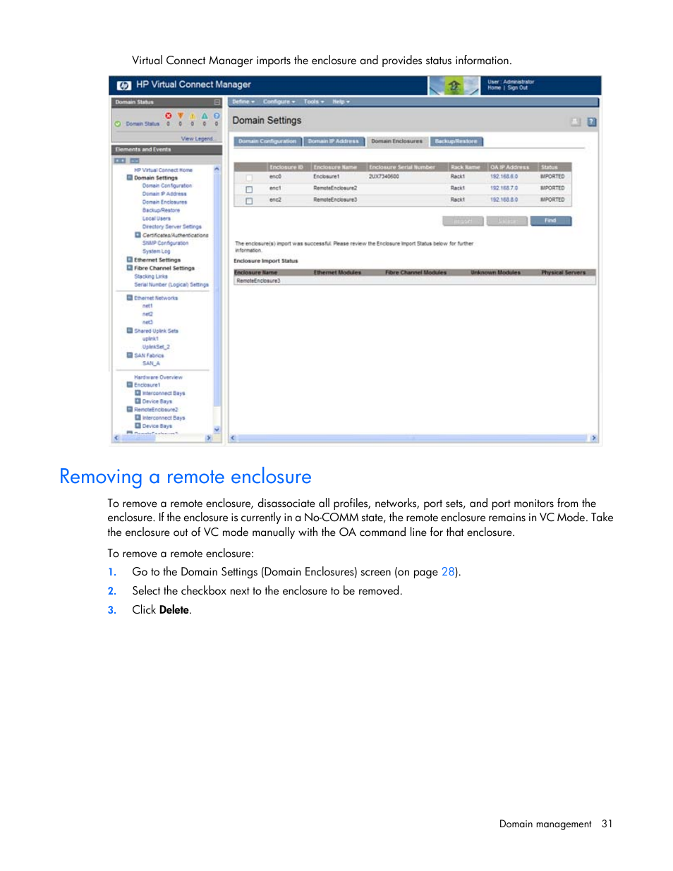 Removing a remote enclosure | HP 1.10GB Virtual Connect Ethernet Module for c-Class BladeSystem User Manual | Page 31 / 195