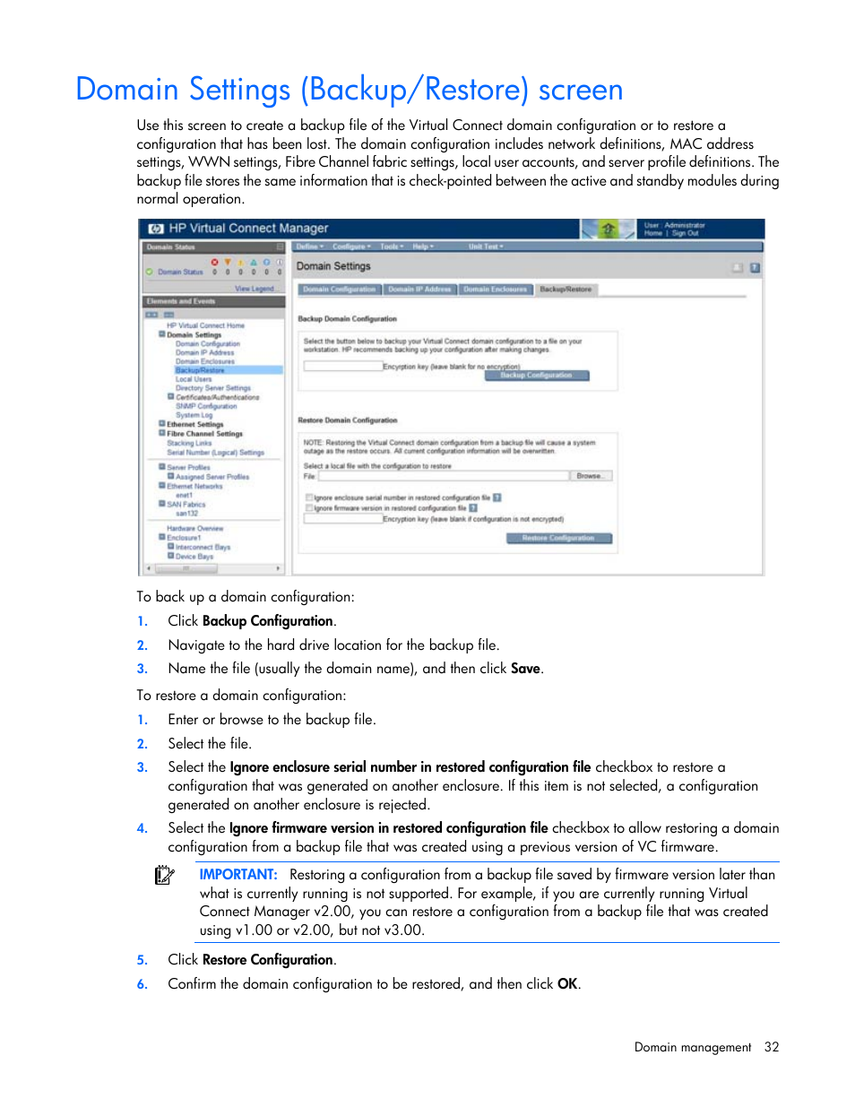 Domain settings (backup/restore) screen | HP 1.10GB Virtual Connect Ethernet Module for c-Class BladeSystem User Manual | Page 32 / 195