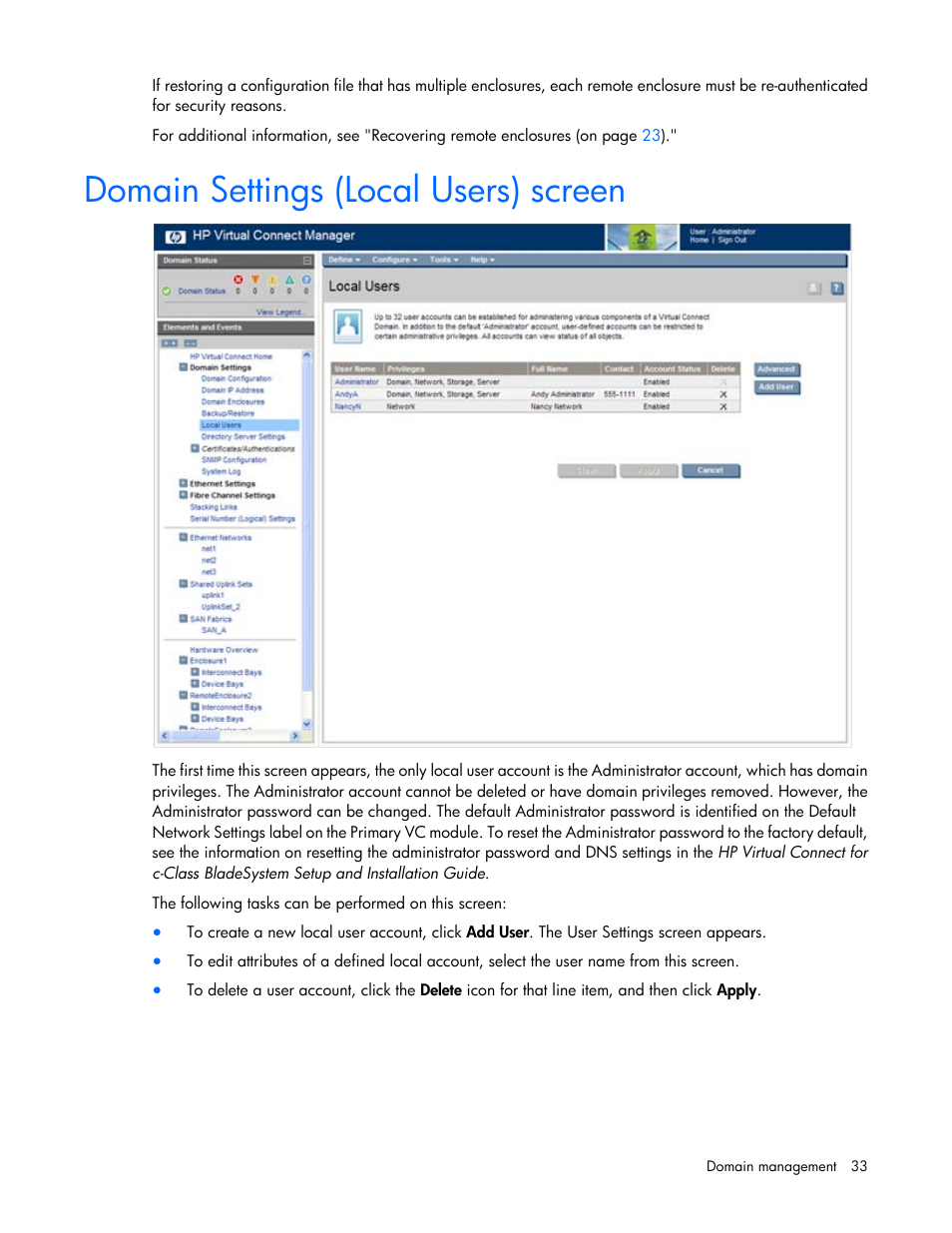 Domain settings (local users) screen | HP 1.10GB Virtual Connect Ethernet Module for c-Class BladeSystem User Manual | Page 33 / 195