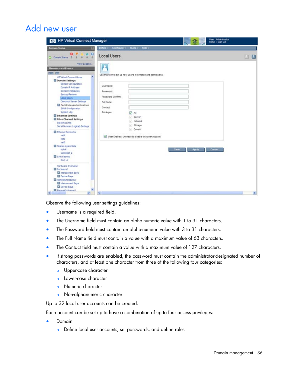 Add new user | HP 1.10GB Virtual Connect Ethernet Module for c-Class BladeSystem User Manual | Page 36 / 195