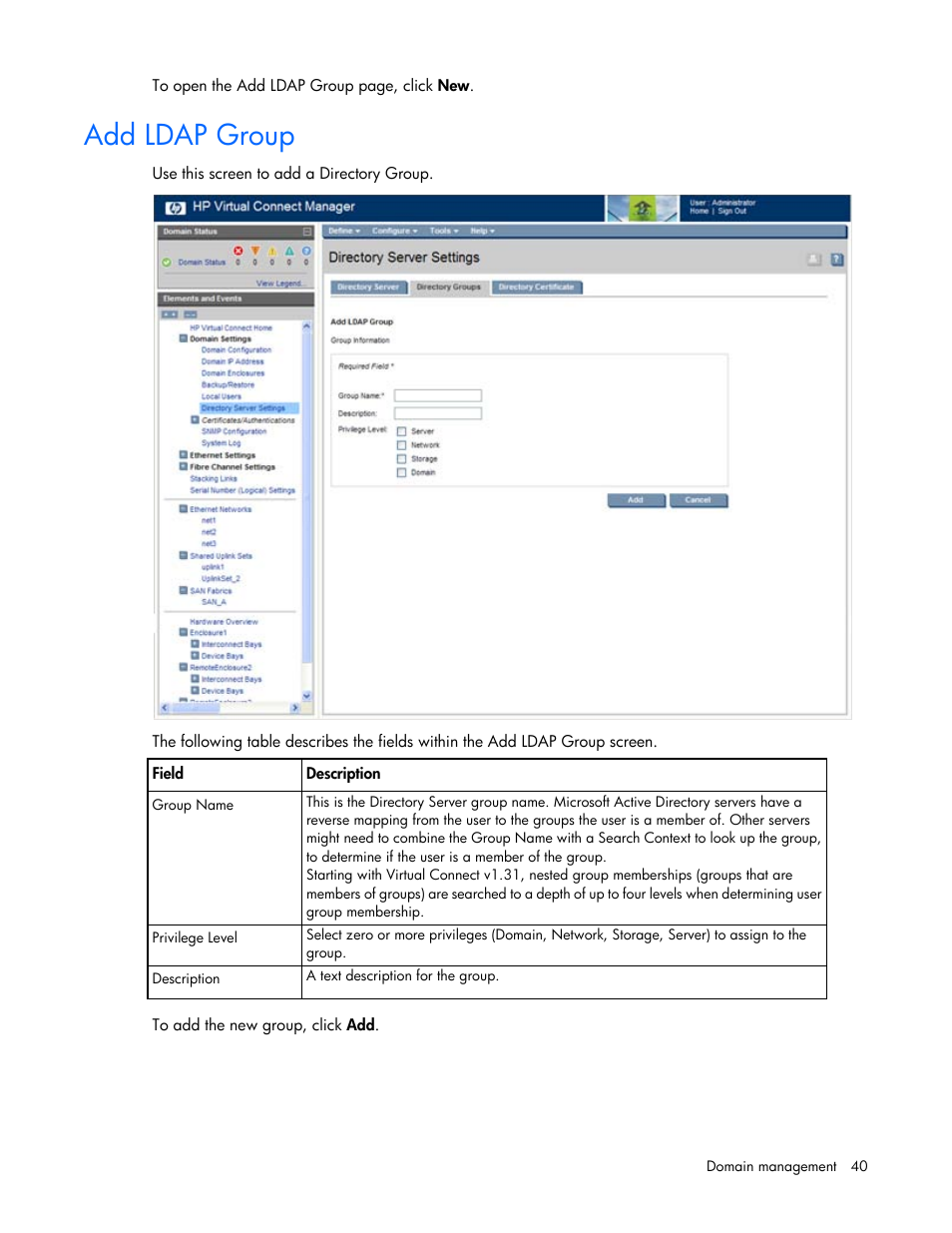 Add ldap group | HP 1.10GB Virtual Connect Ethernet Module for c-Class BladeSystem User Manual | Page 40 / 195