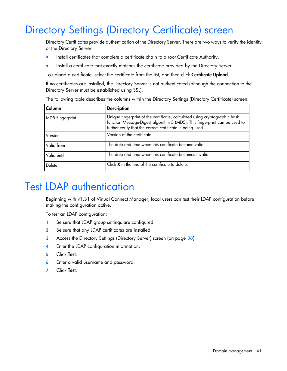 Directory settings (directory certificate) screen, Test ldap authentication | HP 1.10GB Virtual Connect Ethernet Module for c-Class BladeSystem User Manual | Page 41 / 195