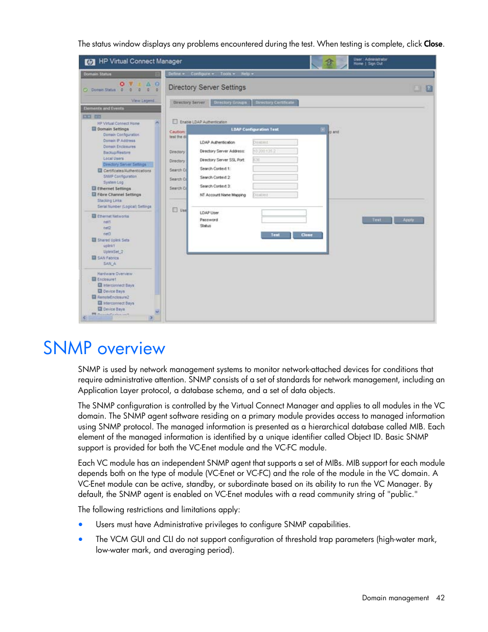 Snmp overview | HP 1.10GB Virtual Connect Ethernet Module for c-Class BladeSystem User Manual | Page 42 / 195