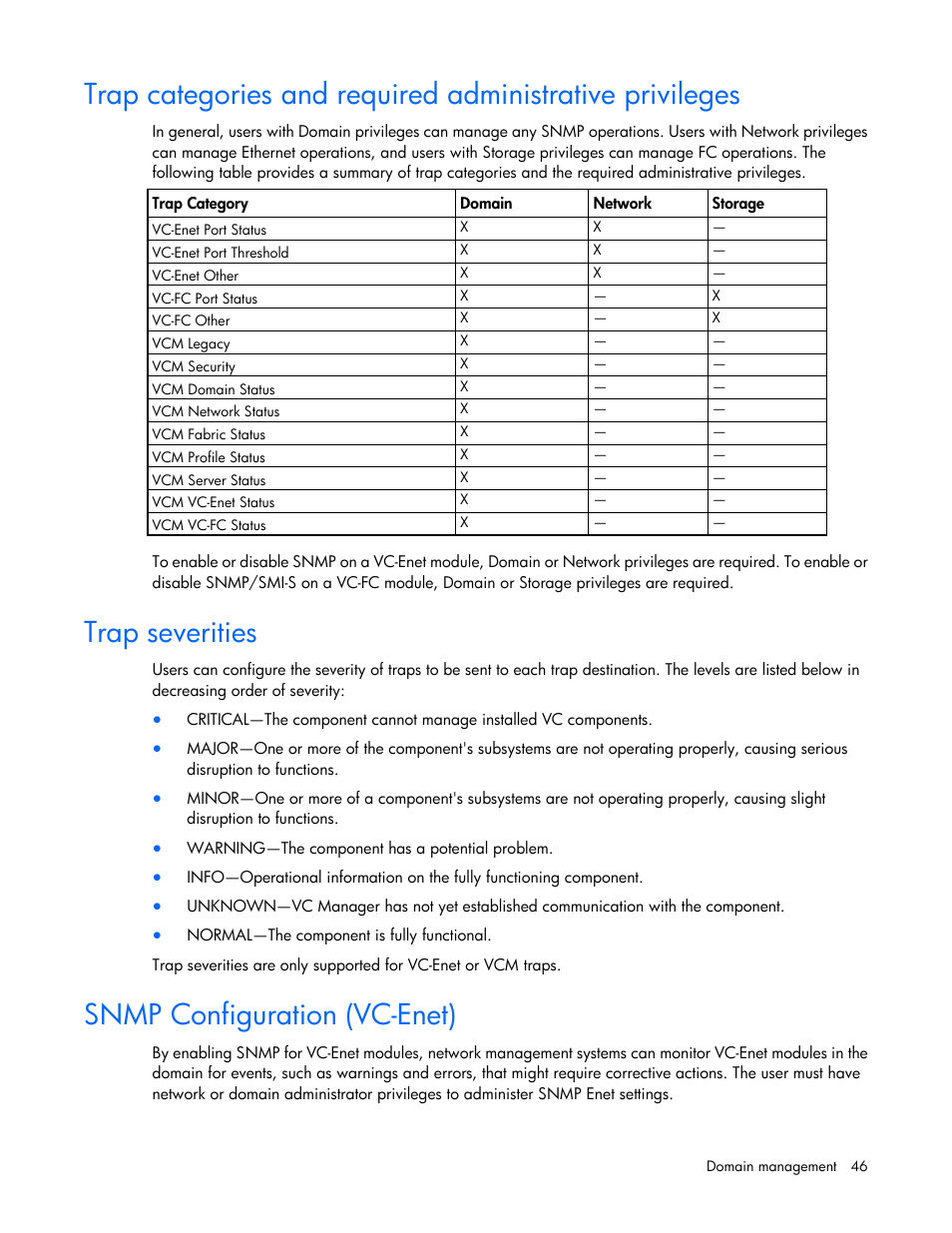 Trap severities, Snmp configuration (vc-enet) | HP 1.10GB Virtual Connect Ethernet Module for c-Class BladeSystem User Manual | Page 46 / 195