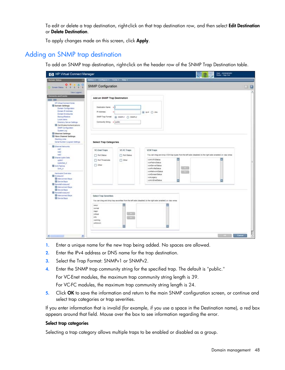 Adding an snmp trap destination | HP 1.10GB Virtual Connect Ethernet Module for c-Class BladeSystem User Manual | Page 48 / 195