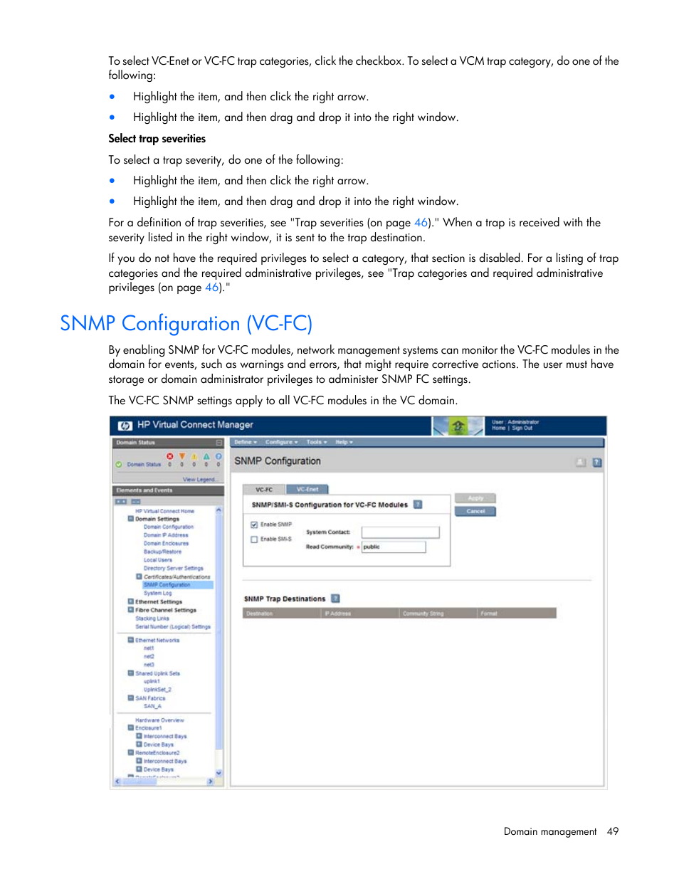 Snmp configuration (vc-fc) | HP 1.10GB Virtual Connect Ethernet Module for c-Class BladeSystem User Manual | Page 49 / 195