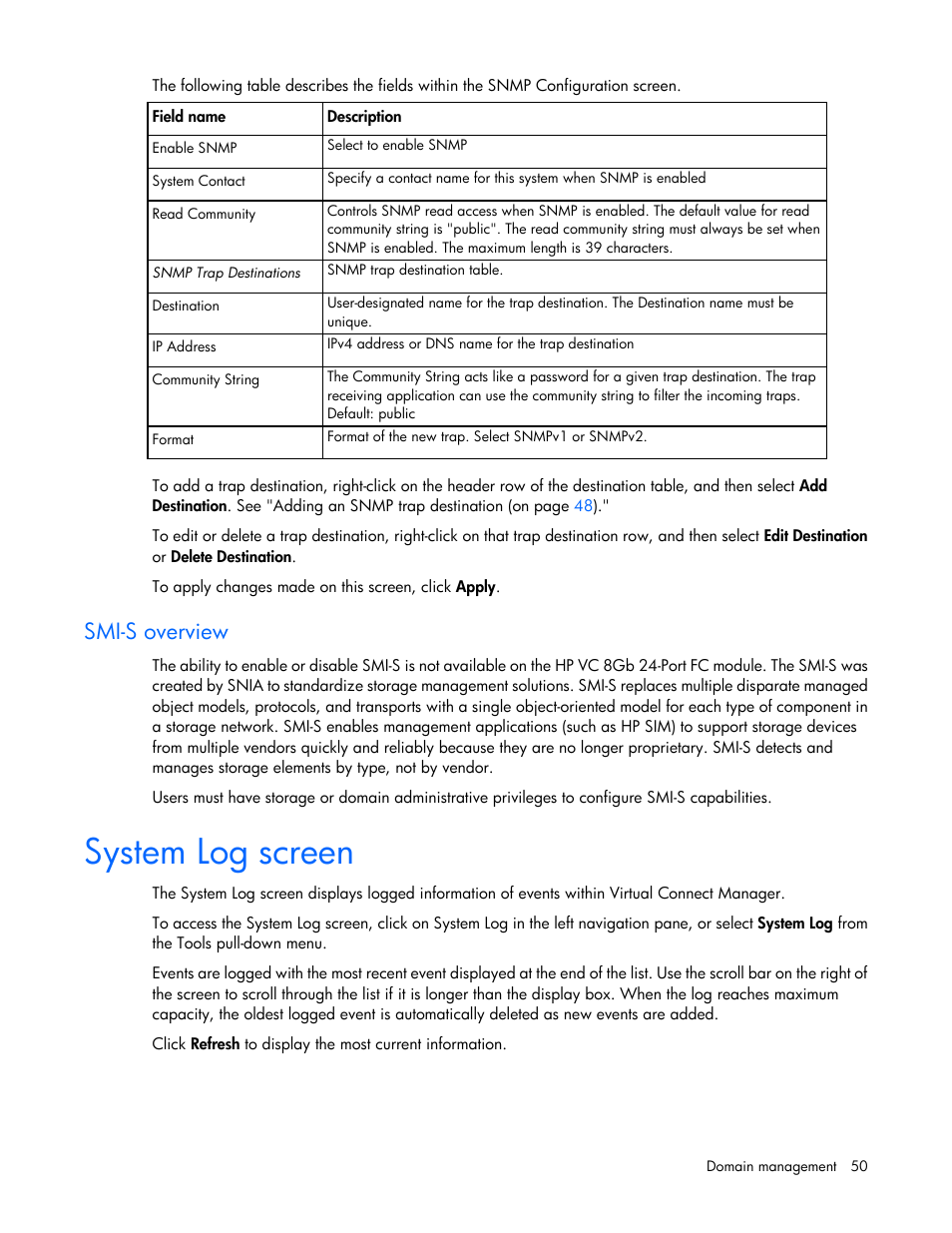 Smi-s overview, System log screen | HP 1.10GB Virtual Connect Ethernet Module for c-Class BladeSystem User Manual | Page 50 / 195