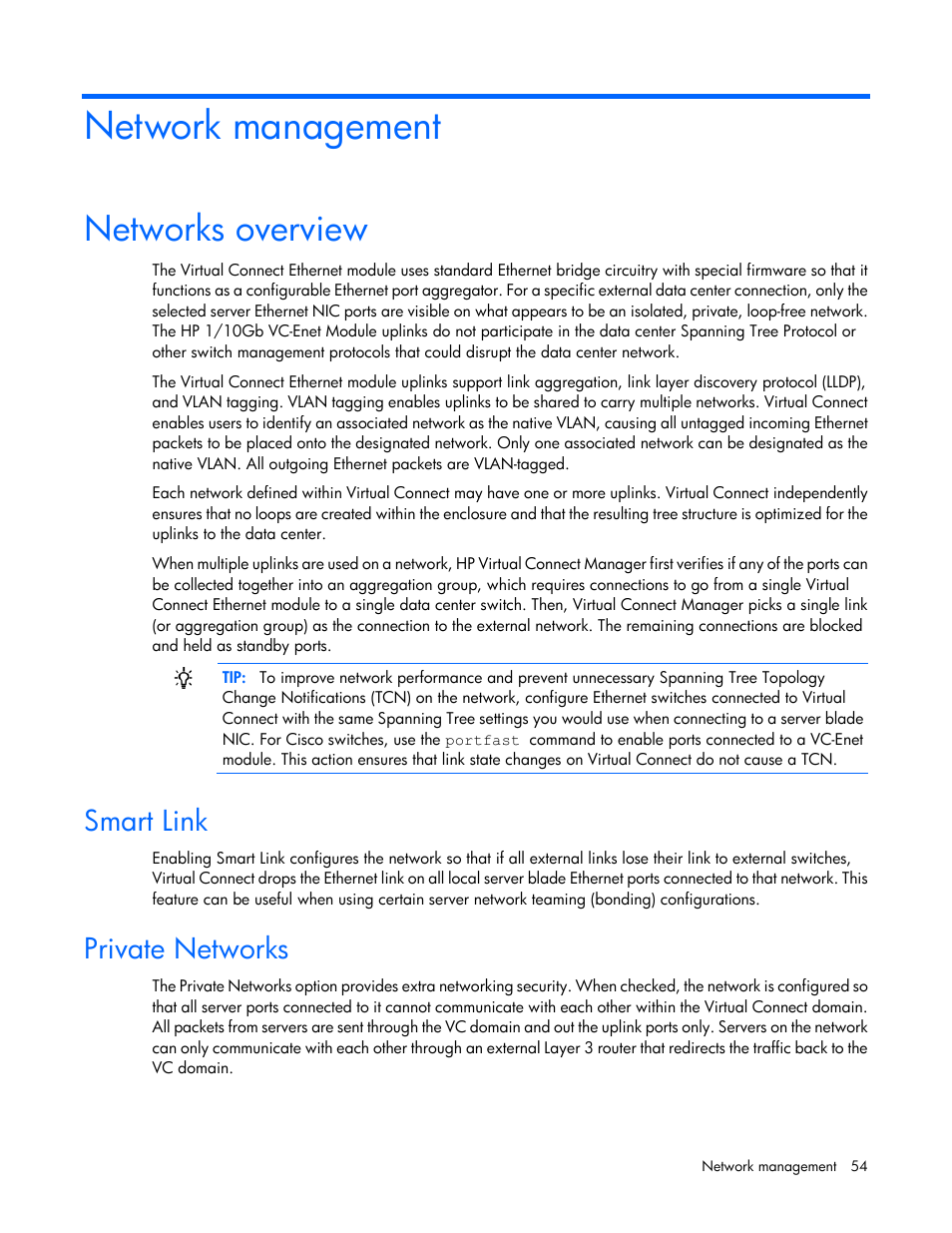 Network management, Networks overview, Smart link | Private networks | HP 1.10GB Virtual Connect Ethernet Module for c-Class BladeSystem User Manual | Page 54 / 195