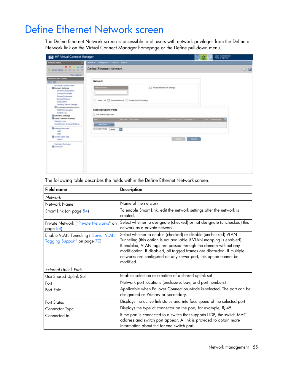 Define ethernet network screen | HP 1.10GB Virtual Connect Ethernet Module for c-Class BladeSystem User Manual | Page 55 / 195