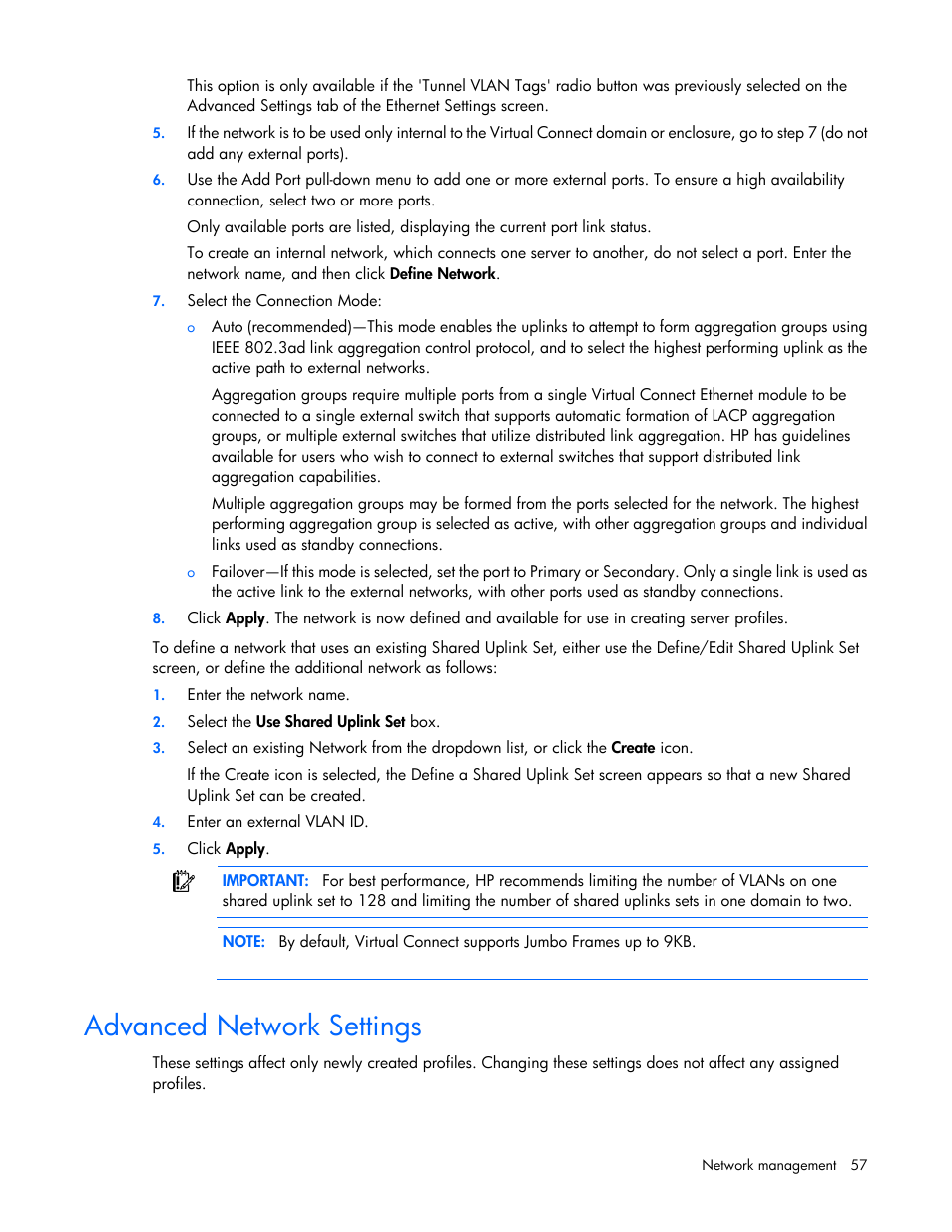 Advanced network settings | HP 1.10GB Virtual Connect Ethernet Module for c-Class BladeSystem User Manual | Page 57 / 195