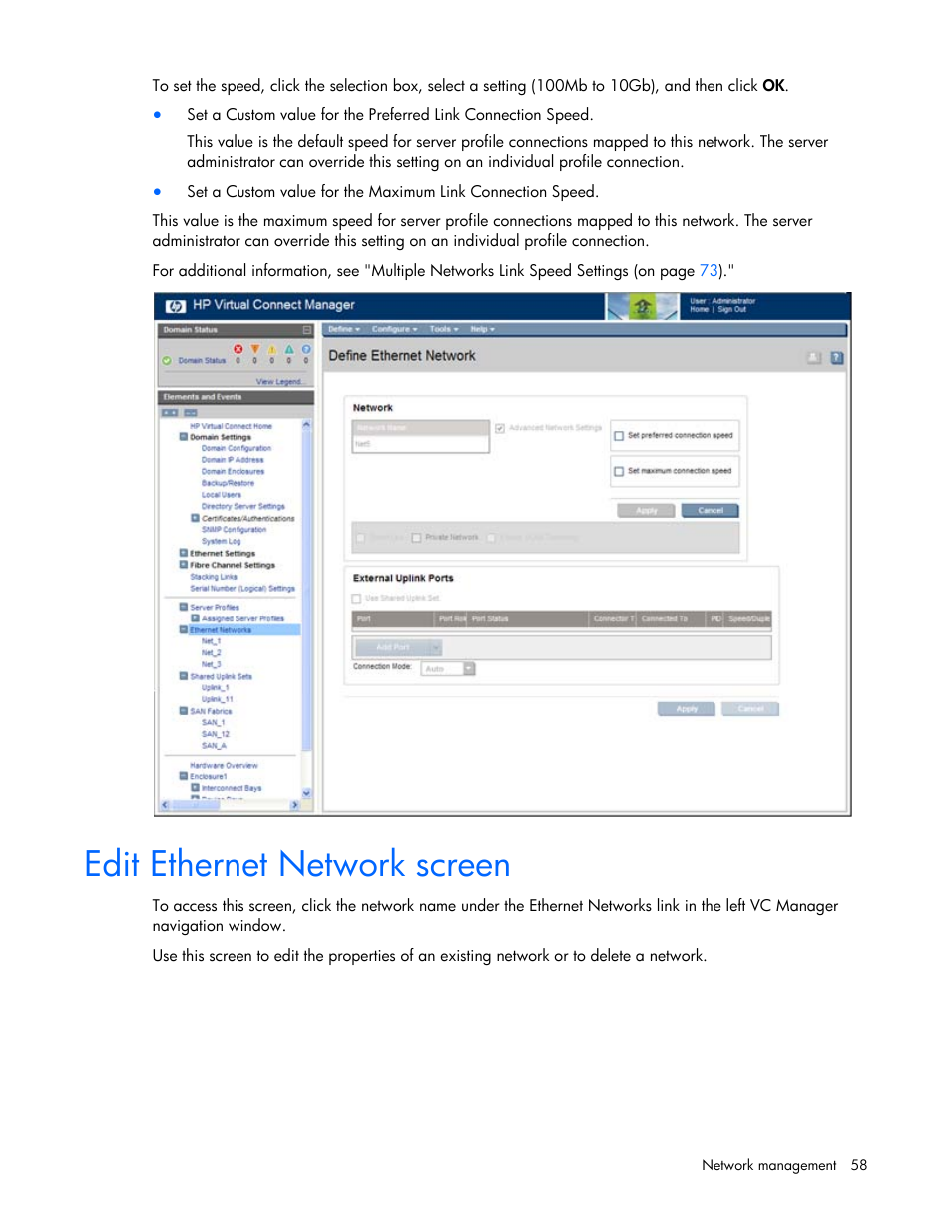 Edit ethernet network screen | HP 1.10GB Virtual Connect Ethernet Module for c-Class BladeSystem User Manual | Page 58 / 195