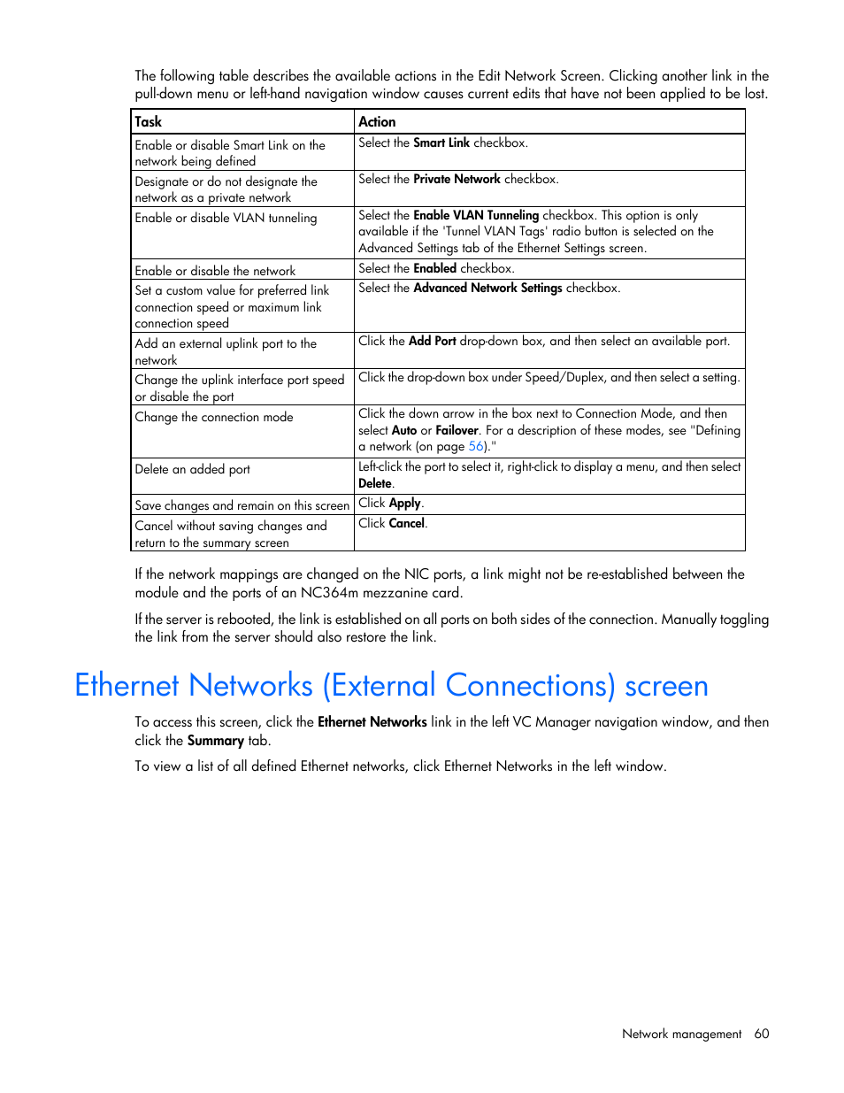 Ethernet networks (external connections) screen | HP 1.10GB Virtual Connect Ethernet Module for c-Class BladeSystem User Manual | Page 60 / 195