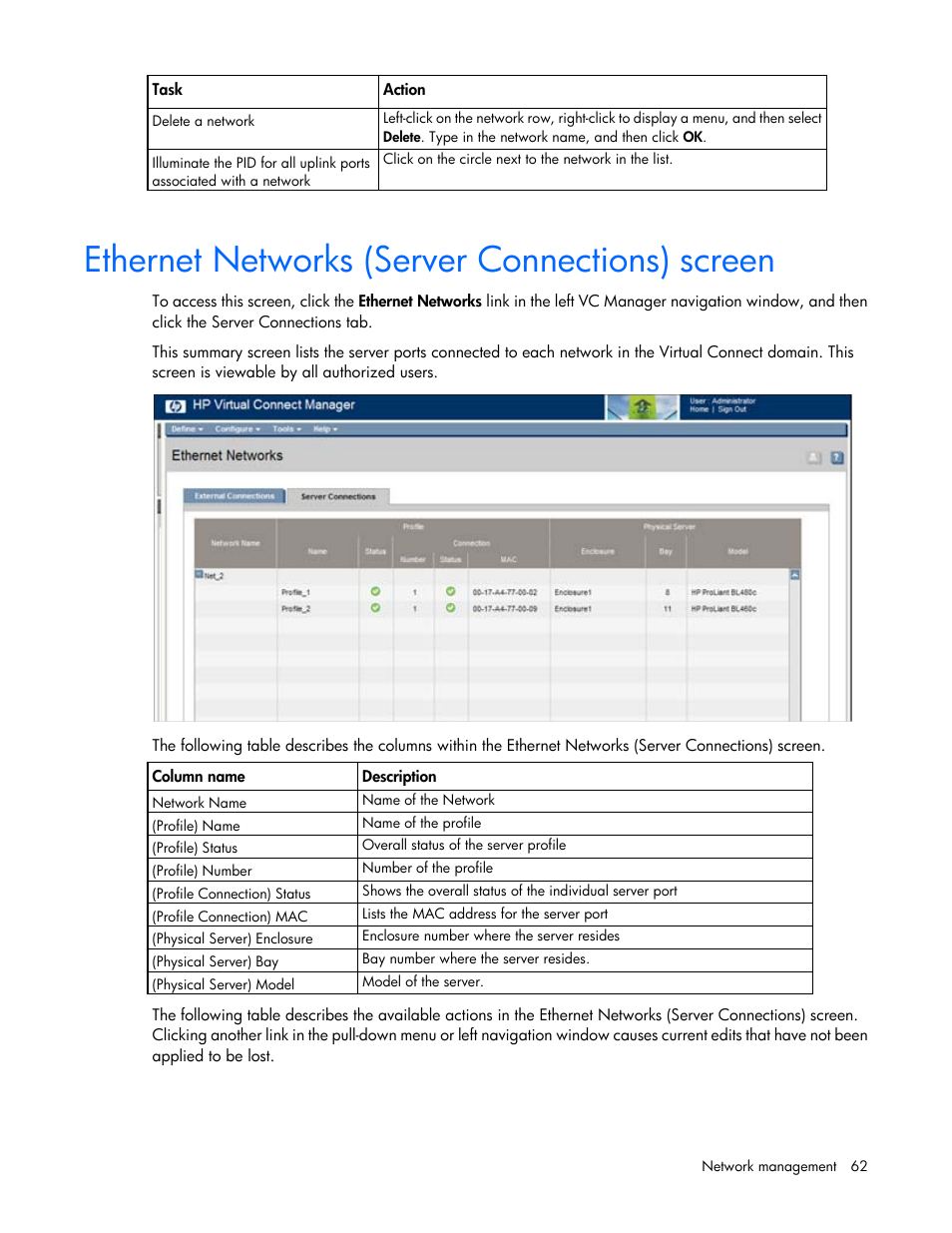 Ethernet networks (server connections) screen | HP 1.10GB Virtual Connect Ethernet Module for c-Class BladeSystem User Manual | Page 62 / 195