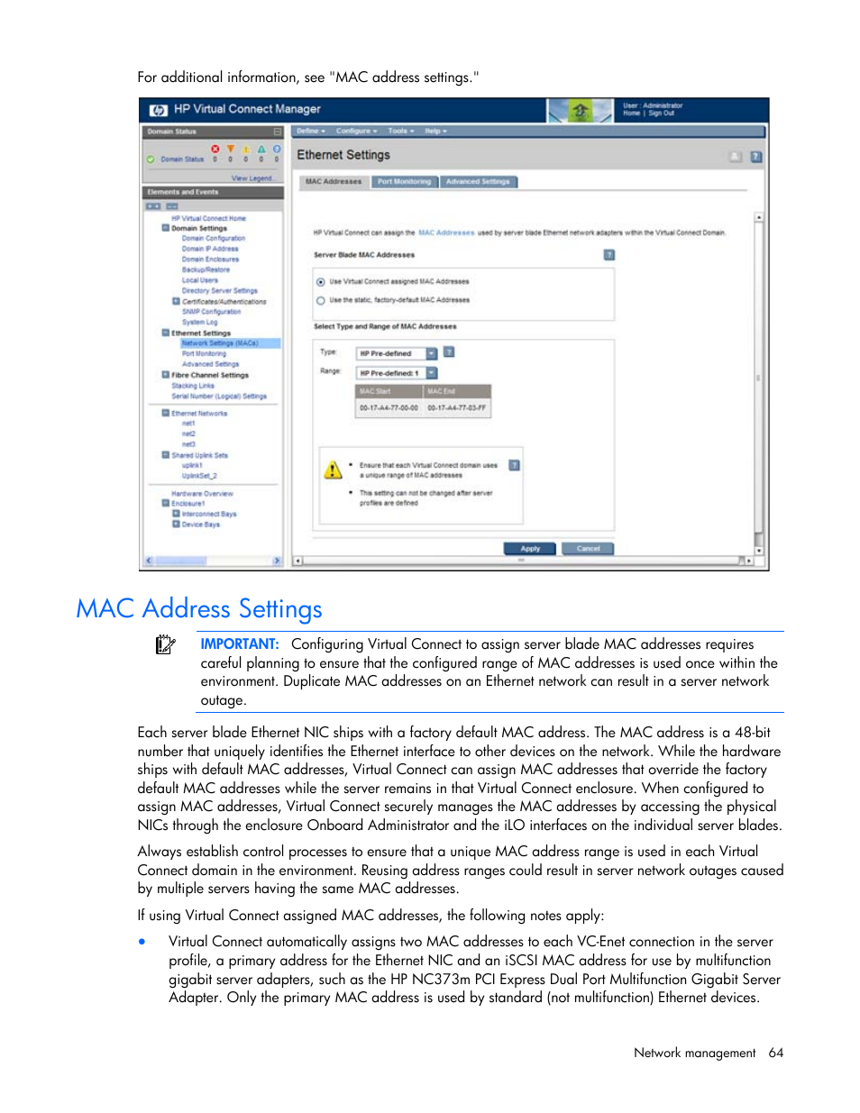 Mac address settings | HP 1.10GB Virtual Connect Ethernet Module for c-Class BladeSystem User Manual | Page 64 / 195