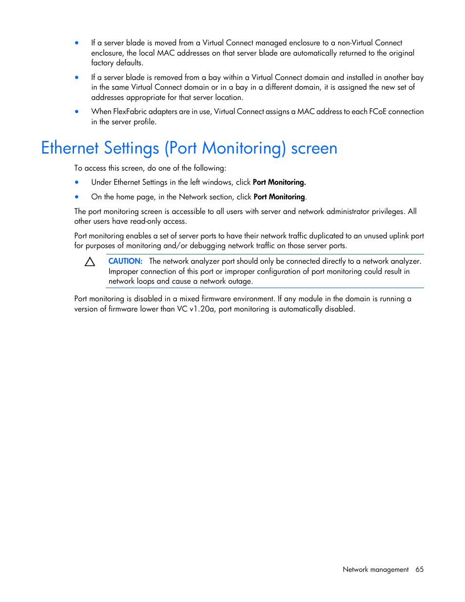 Ethernet settings (port monitoring) screen | HP 1.10GB Virtual Connect Ethernet Module for c-Class BladeSystem User Manual | Page 65 / 195