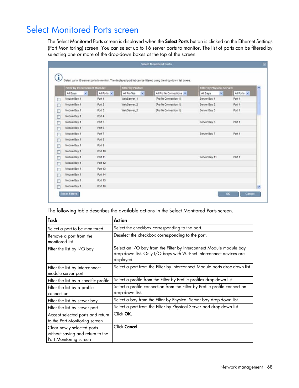 Select monitored ports screen | HP 1.10GB Virtual Connect Ethernet Module for c-Class BladeSystem User Manual | Page 68 / 195