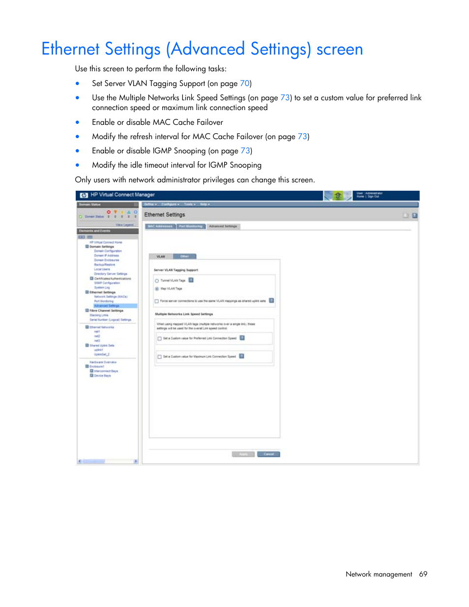 Ethernet settings (advanced settings) screen | HP 1.10GB Virtual Connect Ethernet Module for c-Class BladeSystem User Manual | Page 69 / 195