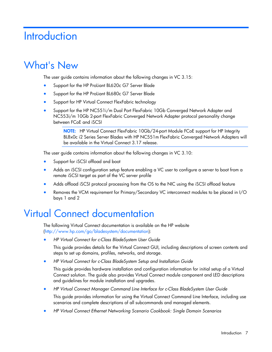 Introduction, What's new, Virtual connect documentation | HP 1.10GB Virtual Connect Ethernet Module for c-Class BladeSystem User Manual | Page 7 / 195