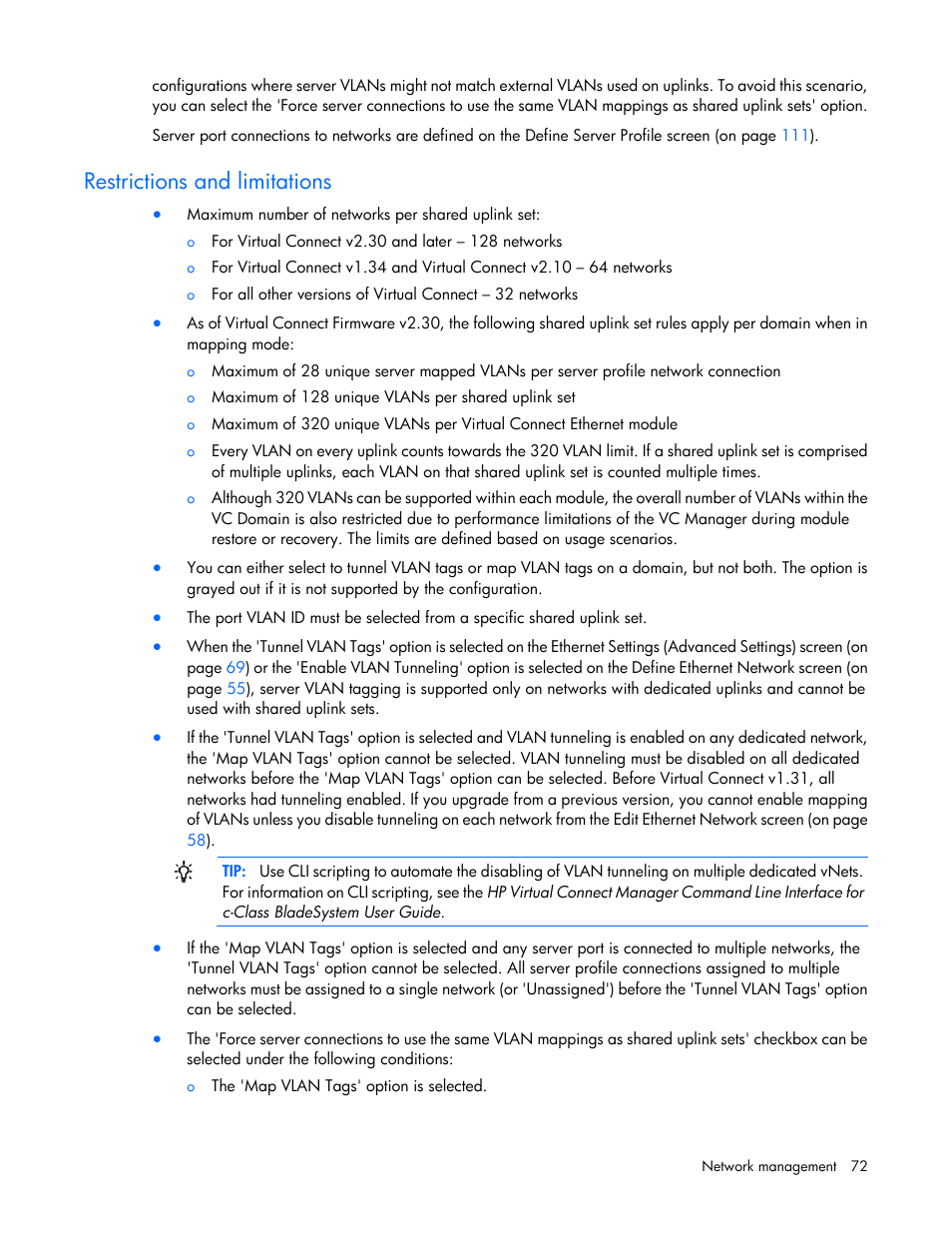 Restrictions and limitations | HP 1.10GB Virtual Connect Ethernet Module for c-Class BladeSystem User Manual | Page 72 / 195