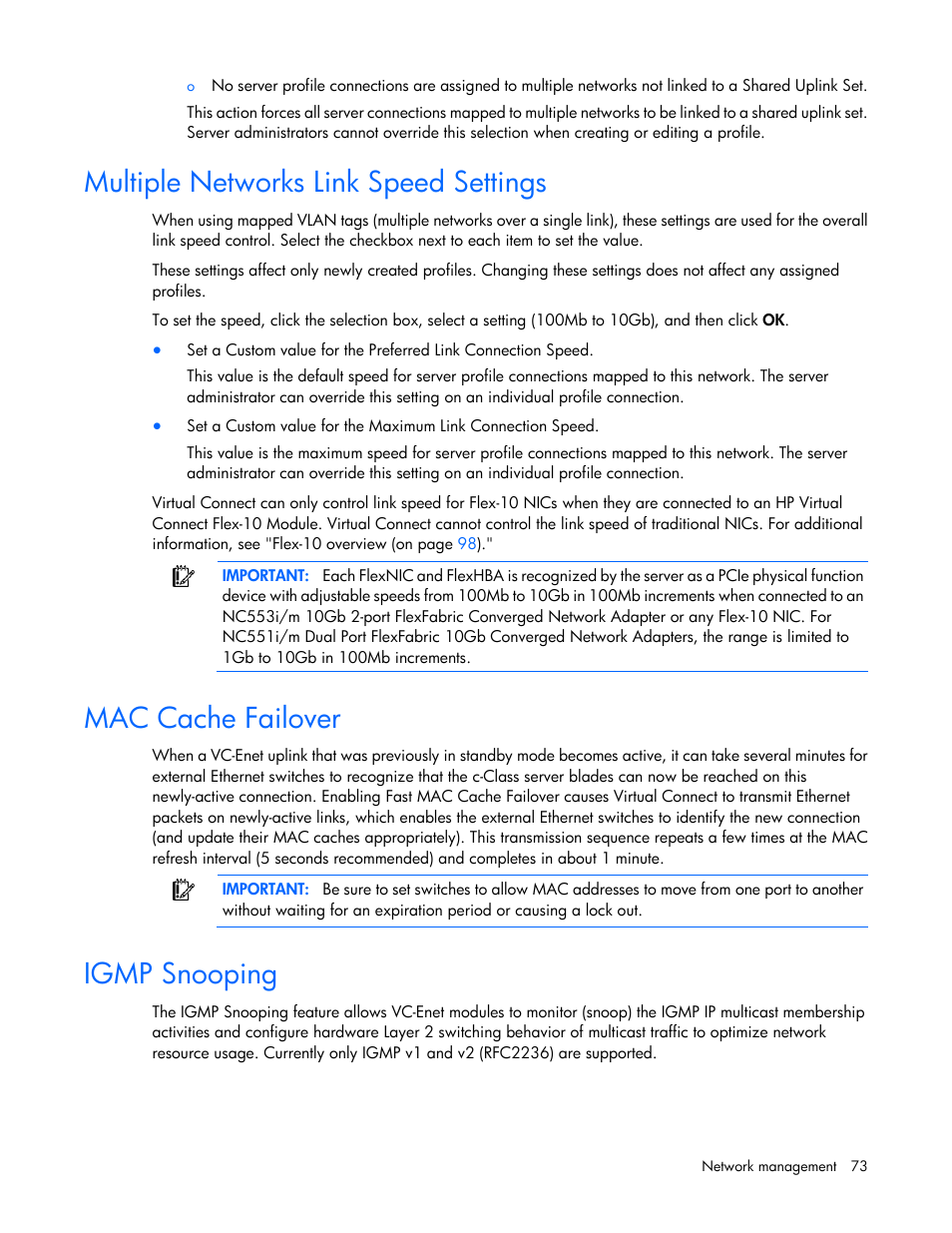 Multiple networks link speed settings, Mac cache failover, Igmp snooping | HP 1.10GB Virtual Connect Ethernet Module for c-Class BladeSystem User Manual | Page 73 / 195