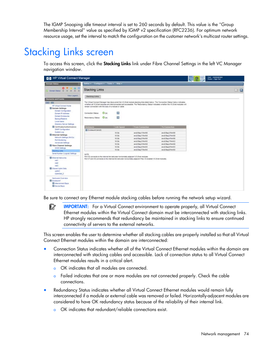 Stacking links screen | HP 1.10GB Virtual Connect Ethernet Module for c-Class BladeSystem User Manual | Page 74 / 195